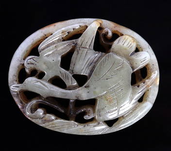 Fine Chinese Jade Swan & Bird Pendant: Beautiful Chinese jade pendant depicting a crane and magpie in flight. Flying through trees with openwork details throughout. Pendant is light green to a light white with areas of translucency
