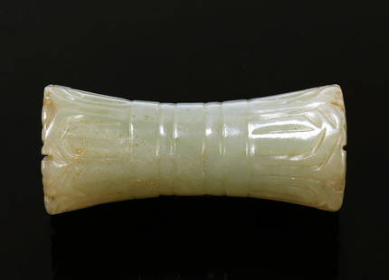 Lovely Chinese Jade Carved Flared Tube Bead: Beautiful light green jade Chinese carved bead with beautiful floral petal incisions throughout including to each open end which is slightly flared with a incised flower to each end. Drilled to the