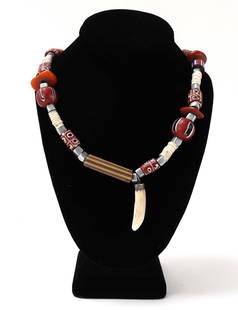 Beautiful Tibetan Beaded Necklace: Tibetan beaded necklace with handmade clay beads, shell beads, silvered spacer beads and a main polished fossilized tooth pendant. Size 20" L weight 115g