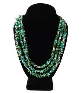 Sterling Silver & Turquoise Three Strand Necklace: Wonderful layered necklace comprised of dozens of gorgeous tumbled turquoise beads with sterling silver spacer beads dancing throughout, and shell tube beads to the back in lovely earth tones. Size