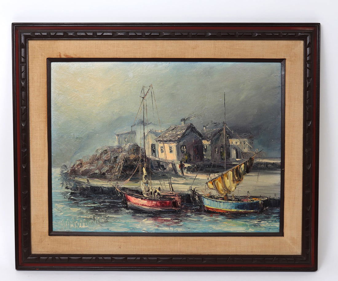 Vintage Painting, Boats Along a Harbor: Lovely painting depicting small sail boats anchored at harbor, with houses and buildings in the background. Appears to be a storm brewing in the sky, likely discouraging fisherman from going out to se