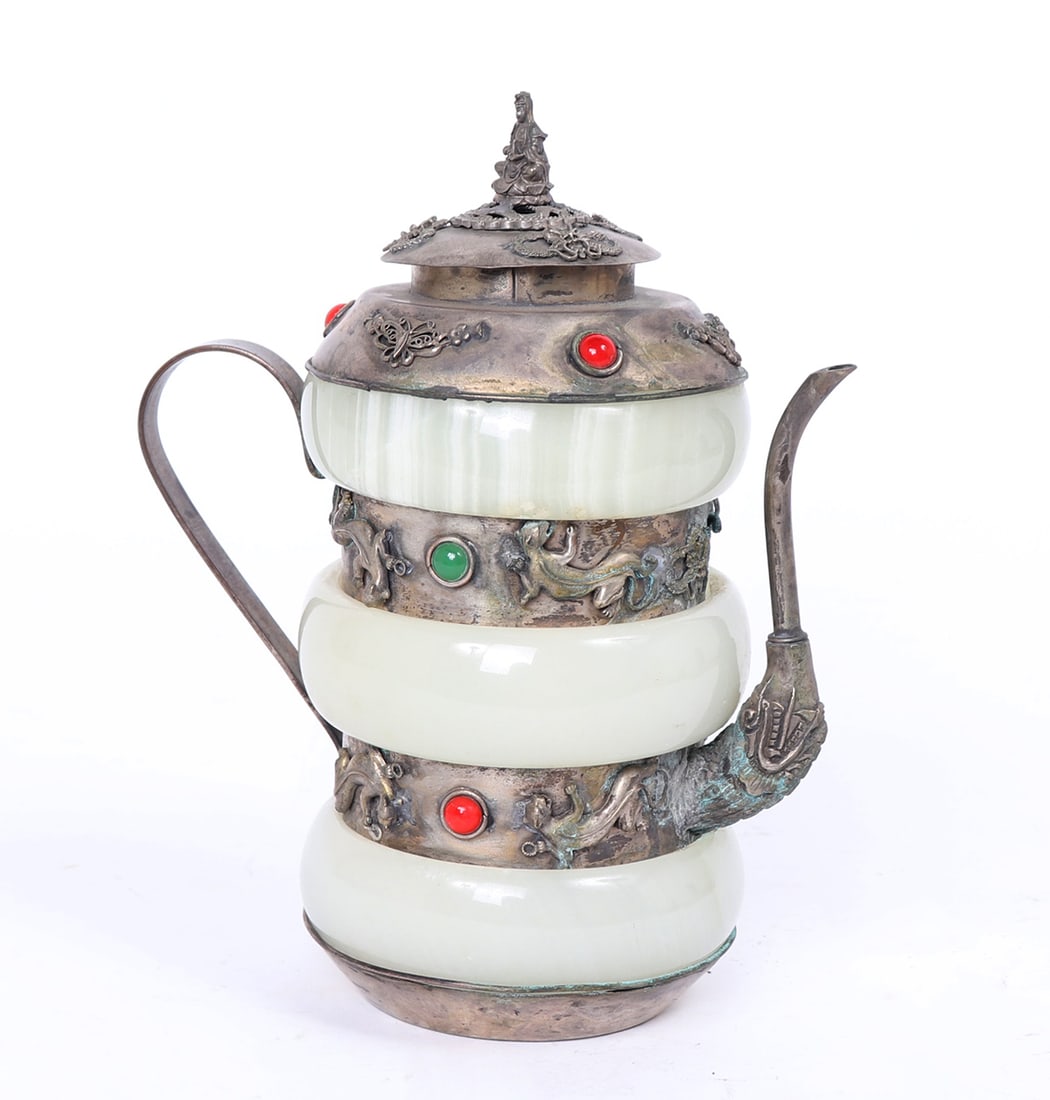Tibetan Bao Bracelet Inlayed Dragon Teapot: Finely decorated Tibetan bao bracelet teapot with red and green applied gems. Dragon face spout with jaguars and butterflies applied in bands throughout. Buddha seated on top of the lid, with dragons 