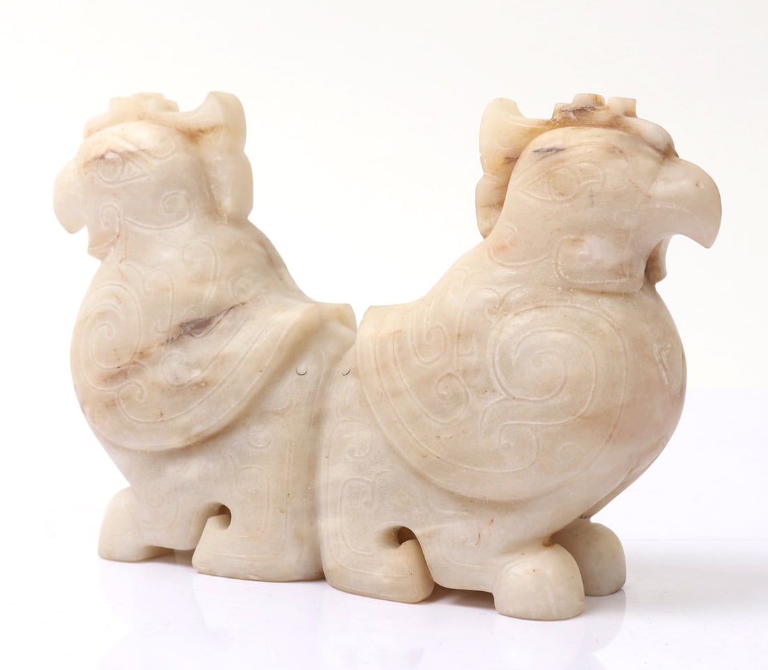 Chinese Hard Stone Guardian Birds: Lovely Chinese white hard stone carved birds. Depicting phoenix style birds back to back in a protective guardian stance. Size 7" L x 2" W x 4 1/2" H, weight 22oz