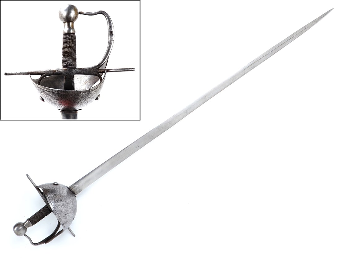 'Sail Hilt' Bilbao Sword, 18th century: Excellent condition and example sail hilted and straight quillion Bilbao sword, 18th century. Wide double edged steel blade terminating to a sharp point. Sail hilt bowl slightly offset from quillion.