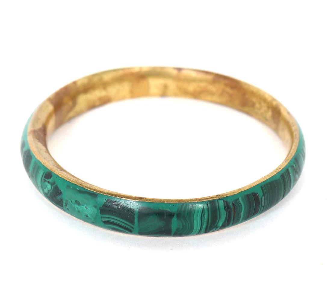 Gorgeous Natural Malachite Bangle Bracelet: Wonderful natural malachite mineral specimen perfectly polished and set into a lovely wearable bangle bracelet. Beautiful varying deep green coloring throughout mounted on a gold band. Size 2 3/4" W, 