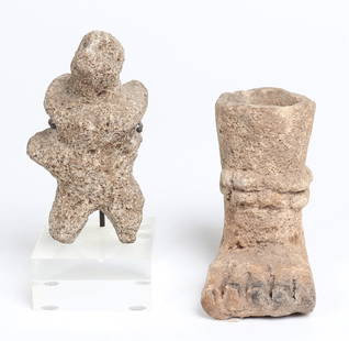 Zapotec Pottery Foot & Costa Rican Stone Figure: Nice brown ware pottery urn, depicting a foot with anklet and incised toes. Uniquely carved Costa Rican stone figure, depicting two figures embraced in an erotic scene. Size of pottery foot 4 1/4" H x
