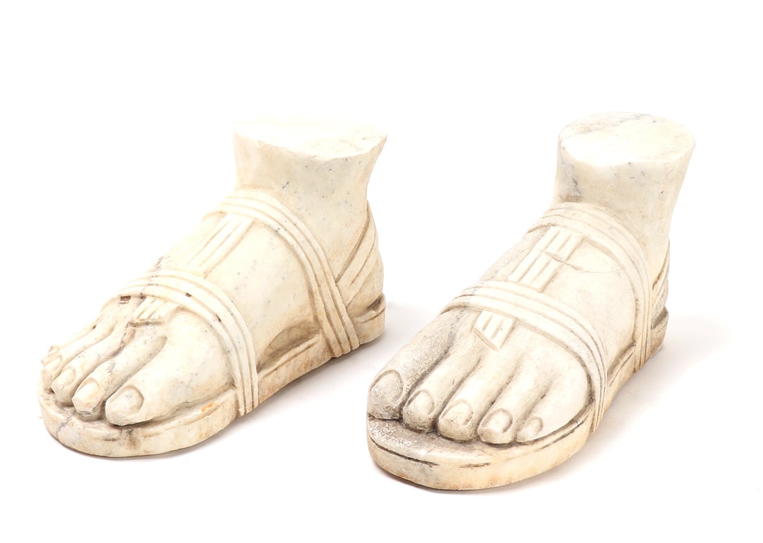 Deity Sized Marble Feet & Sandals: Wonderful and larger than life size Deity sized marble carved feet with sandals. Carved from Carrara white marble Size 15" L, Weight Left Foot 26 lb. 14.2 oz, Right Foot 26 lb. 14.8 ozEx-High Desert C