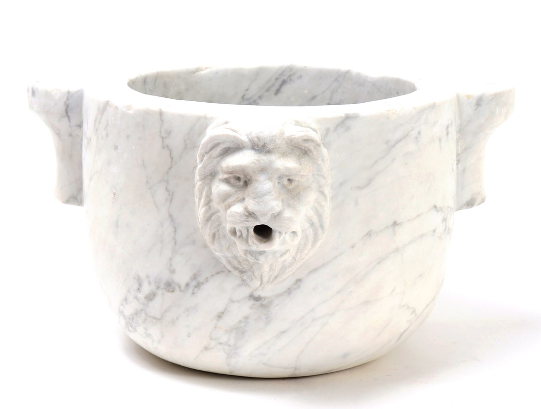 Carrara Marble Lion Spout Mortar: Beautifully carved in the grand tour style from Carrara marble with three handle and one lion head spout. Filled with basalt stones. Size 12 3/8" W x 7" H, Inner Bowl 7 3/8" W, Weight 31 lb. 3.6 oz Ex