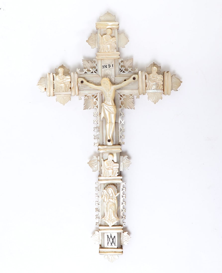 MOP Portuguese Corpus Christi Crucifix, circa 1900: European probably Portugal Mother of Pearl covered crucifix cross of the Four Evangelists and Holy Mary. Size 10 1/4" L, Ex-Arizona Collection, Ex-European Collection Prior