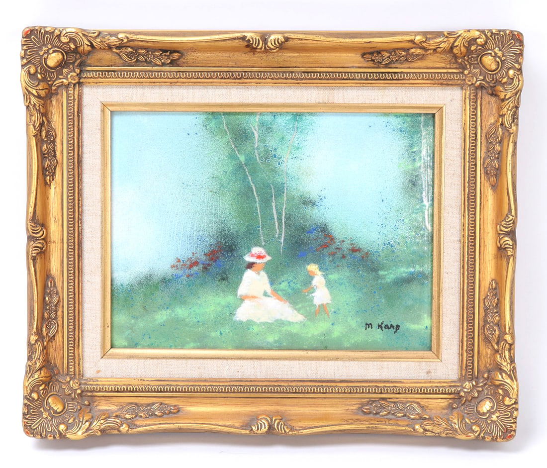 Original Max Karp Enamel on Copper, Mother & Daughter: Original Max Karp, enamel on copper painting features a woman in a white dress and a wide-brimmed hat with a red ribbon, sitting on the grass. A child in a white outfit stands next to her. They are su