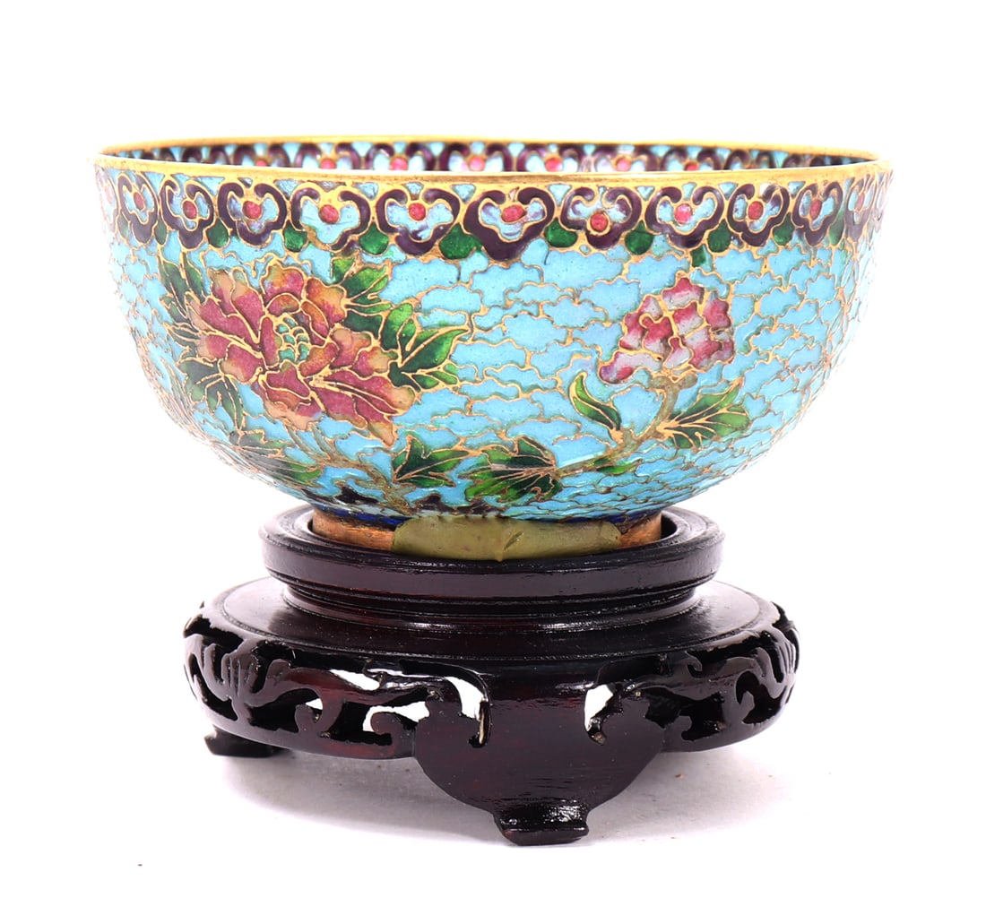 Gorgeous Chinese Plique-a-Jour Miniature Cloisonne Bowl w/Stand: Gorgeous Chinese cloisonne plique-a-jour miniature blue bowl. Decorated throughout with flowers and birds, with a bright copper rim. Purple and gold decorated ruyi boarder. Size 2 5/8" H with stand, b