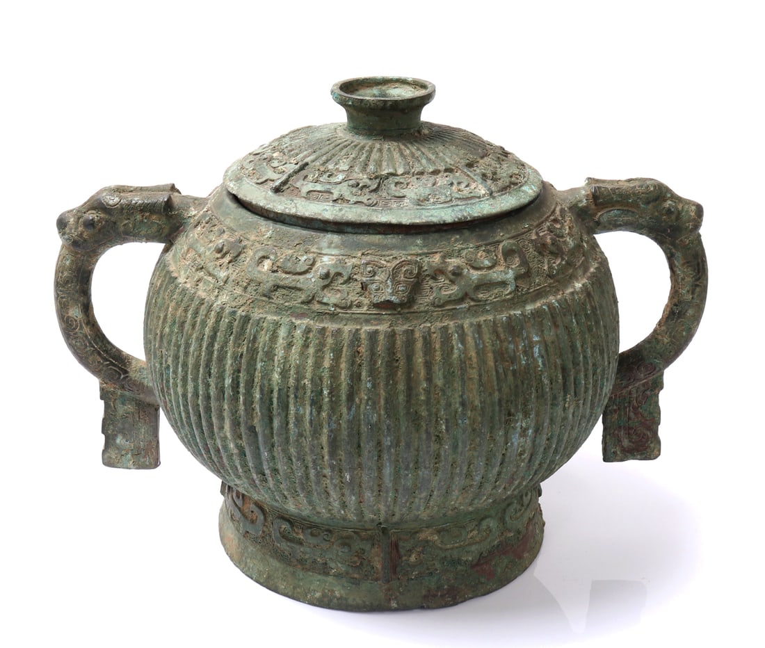 Chinese Bronze Archaistic Lidded Gui Vessel: Chinese Bronze ritual food vessel (Gui) with lid, Shang Dynasty or Western Zhou period-style. Bulbous body with incised vertical lines and bands of horizontal archaistic patterns including taotie mask
