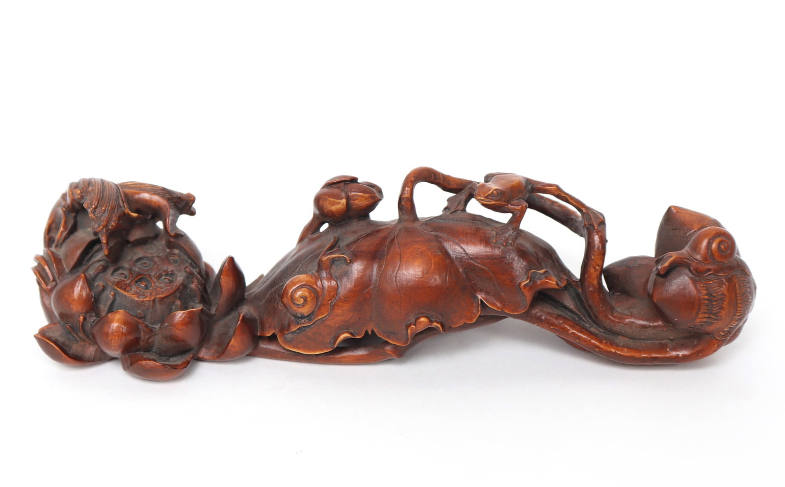 Lovely Chinese Boxwood Carving, Frog & Snails: Finely carved and detailed Chinese boxwood piece with a frog perched on top of a leaf, with snails on either side among foliage. Branches carved in great detail weave in and out of the piece throughou