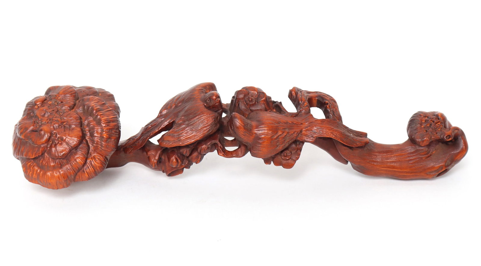 Chinese Boxwood Carved Belt Hook, Ruyi: Lovely intricately carved Chinese boxwood ruyi belt hook with doves and flowers. Depicting two birds seated on a branch with flowers blooming all around them and a bloomed flower at one end. Size 7 1/