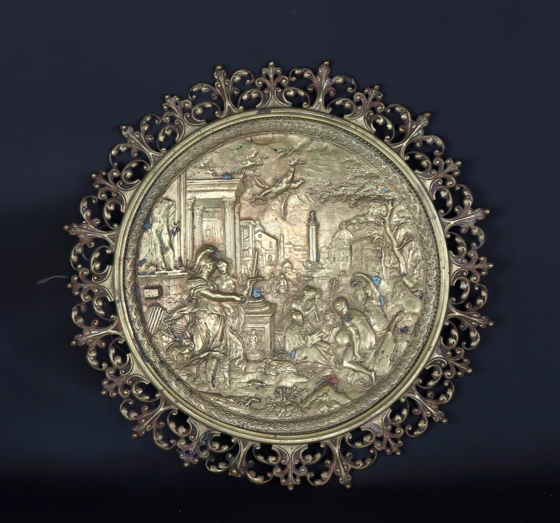 Important Bronze Roundel, After Hans Jakob Bayr (1574 - 1628): The plaque is titled "Minerva Presents the Personification of Painting to the Circle of Arts and Sciences - '' The Seven Liberal Arts''. To the left of the plaque is the goddess Minerva, patron of the