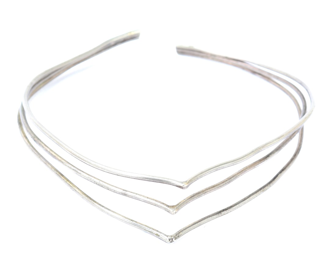 Lovely Rigid V-Drop Sterling Silver Necklace: Sterling silver choker necklace in rigid v-drop shape form with three bands. Marked to the back - Mexico, this particular style piece would likely be from Taxco, Mexico which is known for their silver