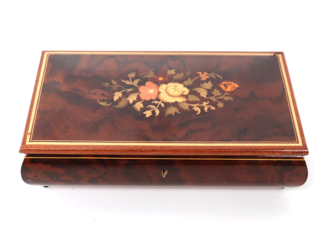 Gorgeous Italian Wood Music Jewelry Box: Vintage Reuge Italian wood carved jewelry music box that plays 'A Time For Us' from Romeo and Juliet. Blossoming flowers to the lid bright red velvet interior with a mirror. Size 10 1/2" L x 2 3/4" H