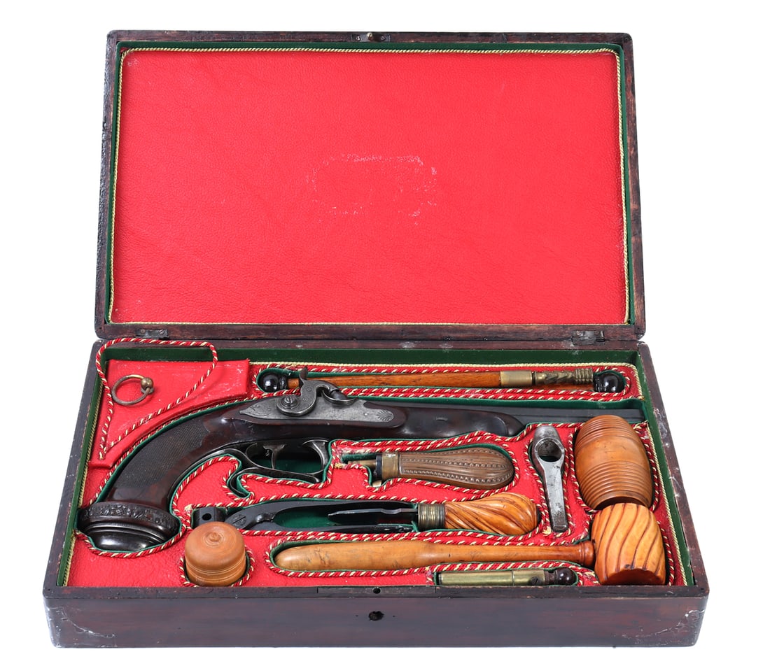 Officer's Percussion Pistol by LePage Aine: Officer's percussion pistol by LePage Aine (Paris, France) with "Le Page Aine A Paris" in gold to the blued octagonal barrel with remnants of hair rifling. The iron lock plat and cap is engraved with 
