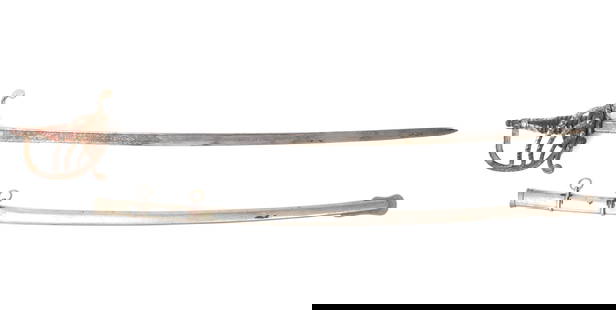 Important Mexican "Armeria Americana" Sword, Circa 1883-1918: Mexico, important Mexican generals sword with scabbard, circa 1883-1918. Fantastic custom sword for a general or high ranking officer with a long single edged blade profusely etched with scrolling and