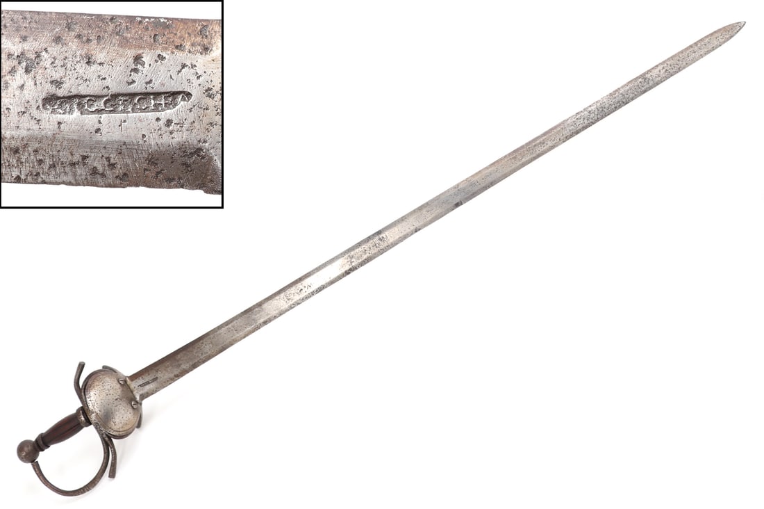 Spanish Bilbao Sword, circa 1700: Iberian Peninsula, Spain, Age of Sail 1570 CE - 1860 CE. Good Bilbao sword in original condition circa 1700. Wide double edged blade with a hexagonal cross-section and stamped to the upper section wit