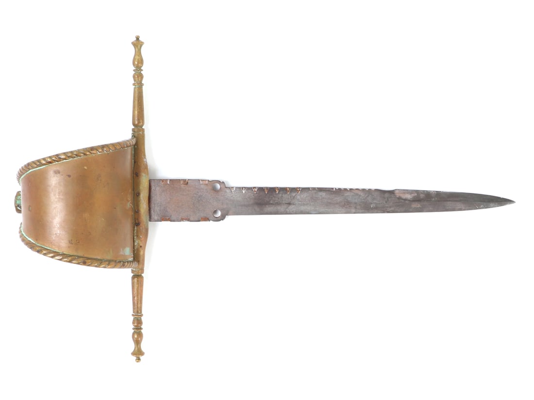 Main Gauche Sail Dagger: Main Gauche Sail dagger with brass guard and handle. Straight blade with ricasso marked with etched sword held to the heavens mark. Double edged blade with varying serrated sections. Size 17 7/8" L, W