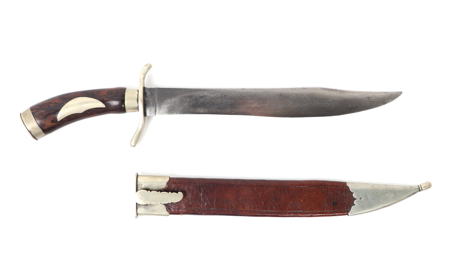 Bowie Hunting Knife with Scabbard: Nice silver mounted or nickel plated bowie hunting knife. Dark wood handle inset with a silver moon and silver upper and lower mounts. Guard and scabbard mounts in silver with a belt hook. Bowie singl