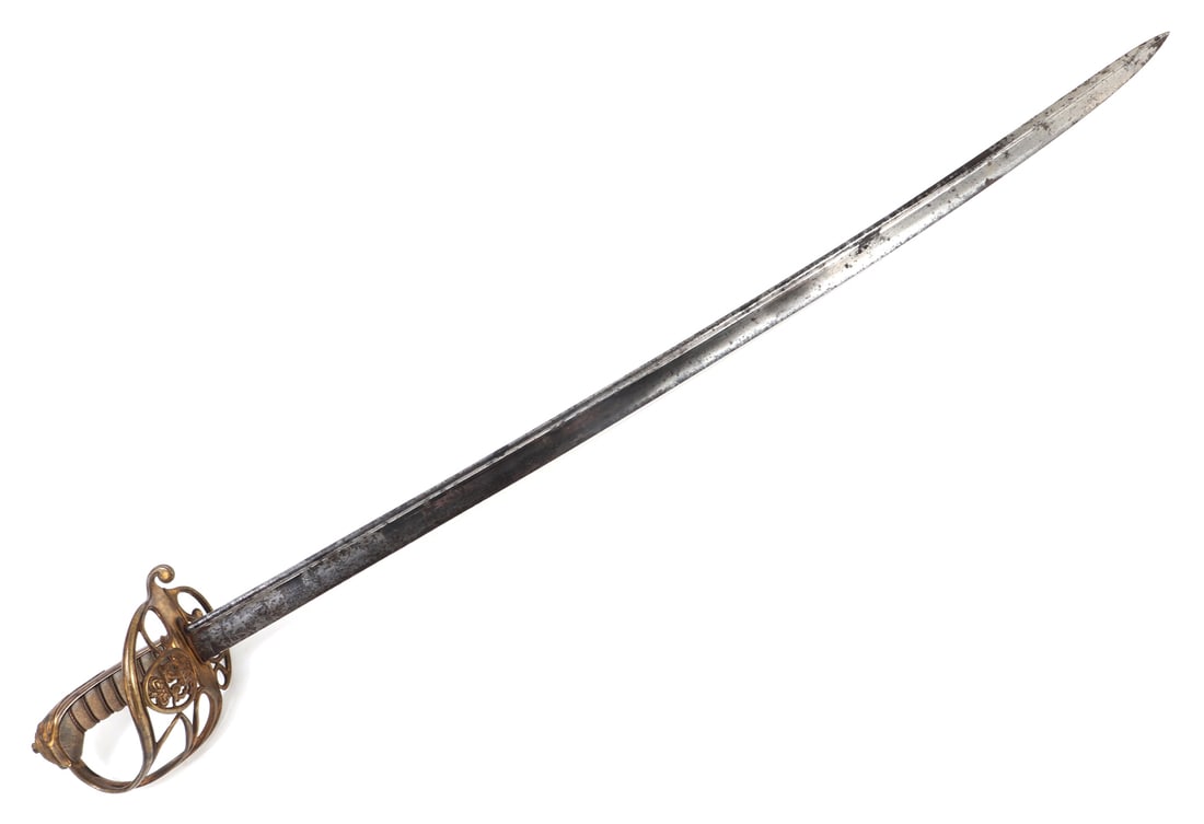 English Infantry Officer Sword, George IV P1822: Authentic English model 1822 King George IV sword for Infantry officers. Slightly curved single edge blade with etched panels and single fuller to the top section. Gilt brass penwork guard with single