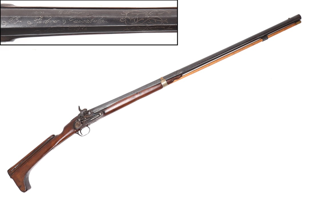 Catalan Stock Escopeta Percussion Rifle, Signed Pedro G. 1854: Iberian Peninsula, Spanish Colonial Escopeta percussion rifle signed / inlaid Pedro G. 1854 in silver. Blued octagonal to round barrel, chiseled transition. Silver inlaid horizontal line to base and a