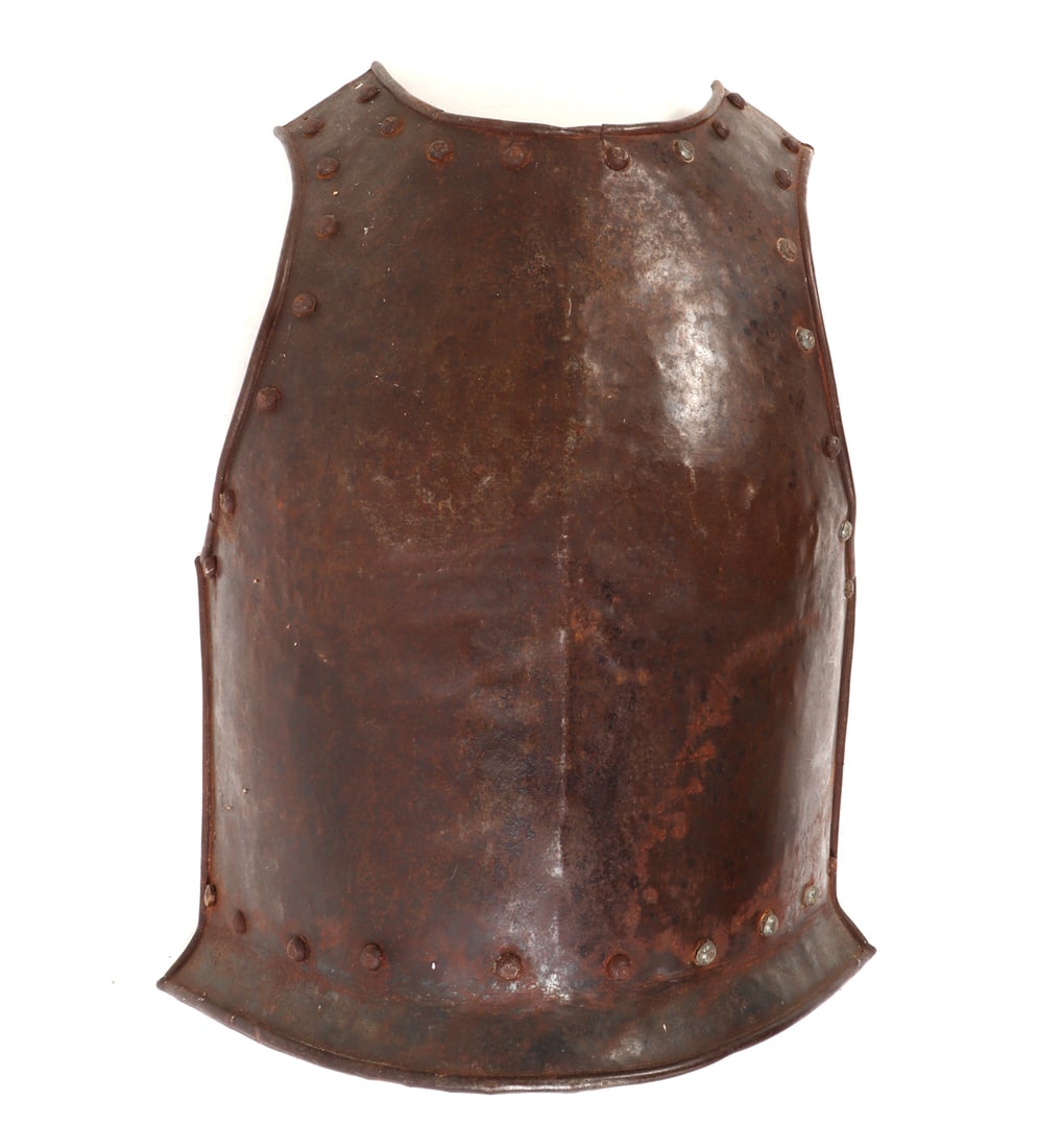 European Armour Breastplate: Breast Plate hand hammered construction with noticeable signs of delamination to the top section. Decorated with massive zinc or steel dome head rivets to the perimeter. Size 20" L, Weight 3 lb. 11.2
