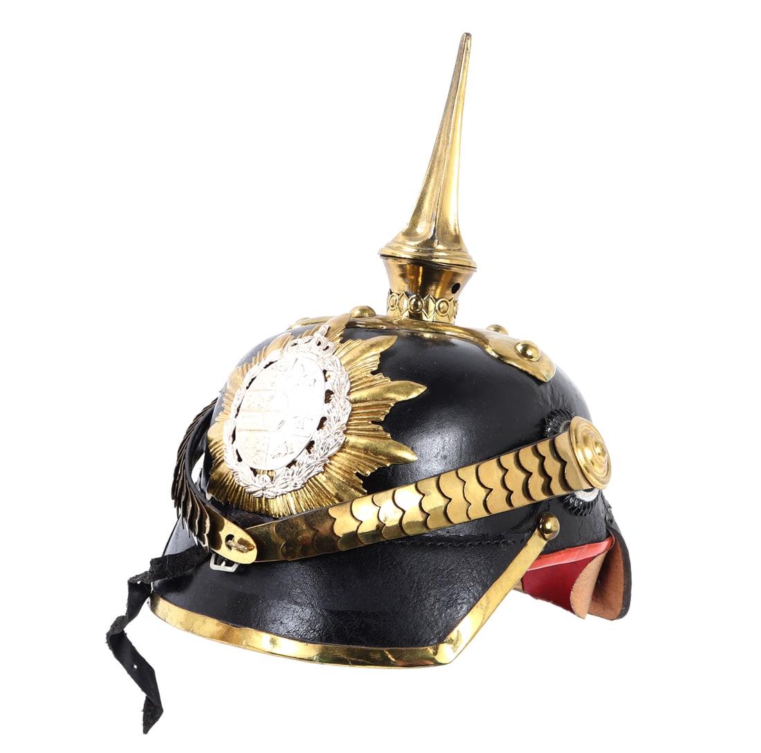 German Pickelhaube Style Helmet: Nice old Dragoon cavalry style spiker for the Grtossherzogl. Mecklenburg Dragoner-Regt. Nr. 17 with all brass trim and tall central spike. The interior lined with red felt and leather reading 56 possi