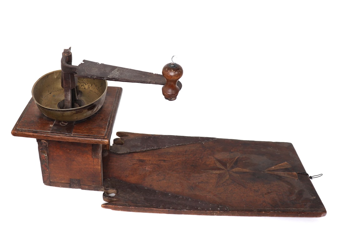 Spanish Colonial Coffee or Spice Mill, Early 18th C.: Very large and early antique spice or coffee mill with finely inlaid back carved to the base and decorated with a star pattern in marquetry. Grinding case with remnants of an old label partially legib