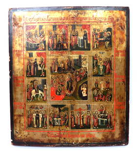 Resurrection & 12 Feasts, Russian Icon 19th c.: Intricate Russian icon of the twelve feasts and center the resurrection of Christ. Egg tempera on silvered, tooled and gesso on wood. The twelve feast scenes featured are Nativity of the Most Holy Mot