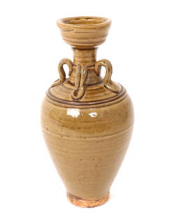 Beautiful Unique Yellow Glazed Korean Jug: Lovely yellow glazed amphora shaped Korean porcelain vase. Four double banded arched suspension handles around the neck with incised banding to the shoulder, narrow corseted neck with wide flared rim