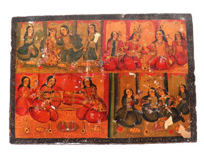 Antique Persian Lacquer Paper Mache Painting, Qajar Dynasty 1789-1925: Persian / Islamic culture, Qajar Period 18th-19th century (specifically 1789 - 1925). Fine painting (not a cut down book cover) with four beautifully painted scenes of a royal figure with attendants.