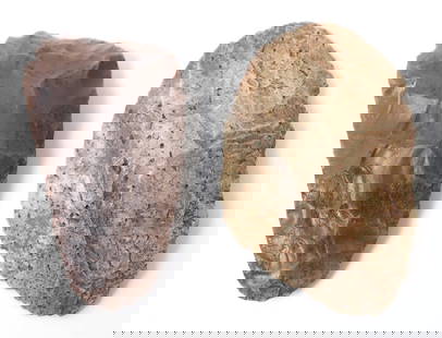 Very Nice Paleo Point & Scraper: Deep brown Paleo point, hand knapped and shapped into a rounded point. Cream and brown colored scraper. Size 2 3/4" L largestex-Crater Rock Lake Museum, Oregon 1950's