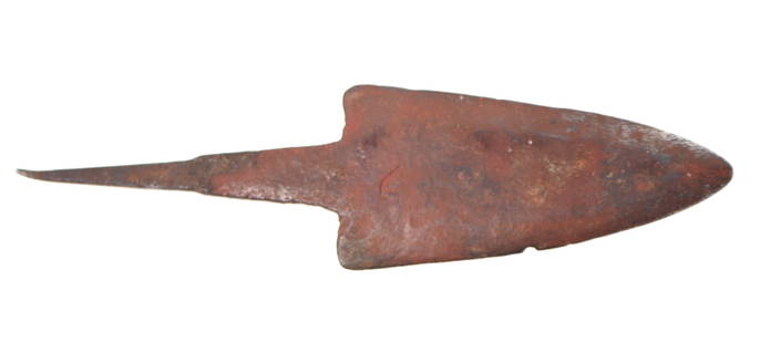 Large Antique Spear Point: Possibly Spanish trade spear point. Double edge blade of broad form wit a flat cross-section. Sharply tapered with rat-tail tang. Size 10 1/2" LEuropean Arms Collection