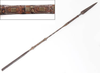 Intricate Silver & Copper Iron Tuareg Lance: Africa, Sahara including parts of Libya, Algeria, Mali, Niger, and Burkina Faso, Tuareg peoples iron lance with double edged spear tip and decorated body. Spear head features intricate incised designs