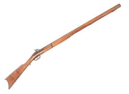 Kentucky Flintlock Rifle by Jukar Arms .45 cal: Old Kentucky style percussion rifle by Jukar Arms Spain with missing ram rod and sight. Size 49" L, 33 1/2" barrel