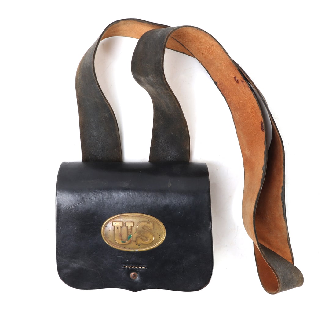 Civil War Reproduction Belt & Pouch: Nice Civil War style replica leather cartridge box with brass buckle and belt. Each piece is crafted to reflect the historical designs used during the American Civil War, offering an authentic look fo