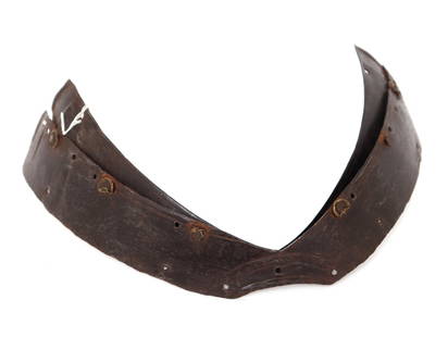 European Armour Fauld Plate, 16th c.: Early European armour fauld consisting of two lames with a hilt brass rosettes to the rivets, 16th century. Heavily darkened probably from the harness of a Spanish Colonial armour with a dark finish.