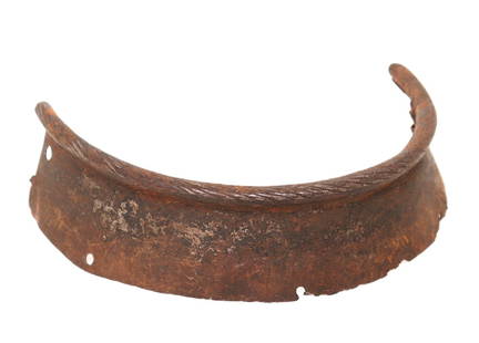 Element of Medieval Armour, 16th C. or Earlier: European element of medieval armour for a helm, 16th c. or earlier. Would have been utilized for a choak neck collar gorget or lower section of a helm. Nice large roped and rolled edge. Size 7 1/2" W,
