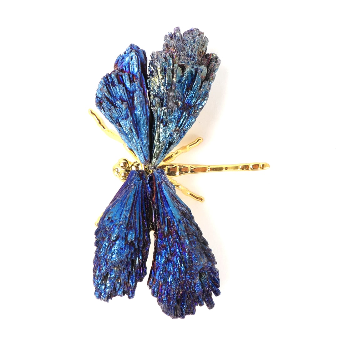 Beautiful Bright Blue Tourmaline Dragonfly: All natural gorgeous blue tourmaline mineral specimens in a lovely wing shape, perfectly mounted to depict a beautiful dragonfly. Wonderful rainbow iridescence throughout. Size 2" L x 3" W