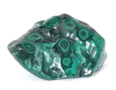 Fantastic Bull's-Eye Malachite Specimen, 756 grams: Wonderful polished bull's eye malachite mineral specimen. Bull's eye refers to the wonderful deep ripples that are omnipresent throughout the entire specimen. Surface is smooth throughout and piece he