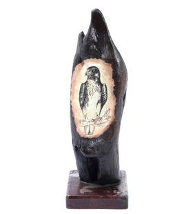 Mounted Petrified Wood w/Hide Peregrine Falcon: Wonderfully preserved section of ancient fossilized petrified wood, mounted on a custom wood stand. Section of animal hide affixed to one side with careful and artfully detailed peregrine falcon perch