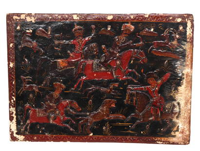 Embossed Lacquered Persian Paper Mache Painting, Qajar Period 18th - 19th c.: Persian / Islamic culture, Qajar Period 18th-19th century (specifically 1789 - 1925). Beautifully embossed lacquered painting of a royal hunt depicting a king and court figures chasing stag and leopar