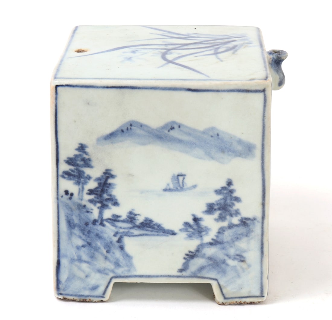 Beautiful Large Korean Blue & White Water Dropper: Lovely antique Korean cobalt blue painted water dropper in a large cube shape. Two of the four sides are painted with outdoor scenes including sail boats along the water with mountains in the backgrou