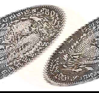 Chinese Szechuen Province Style Coin: Chinese silver style coin featuring a five clawed dragon hovering above a flaming pearl to the face and an array of calligraphy to the reverse. Size 1 1/2" L x 1 1/2" W x 1/10" H weight 21g