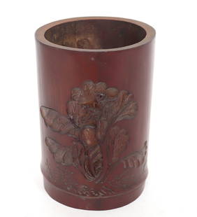 Lovely Carved Chinese Brush Pot w/Inscription: Bamboo carved Chinese brush pot with lovely blooming flowers to the face and a story/inscription incised on the reverse. Size 6 3/4" H x 4 1/2" W