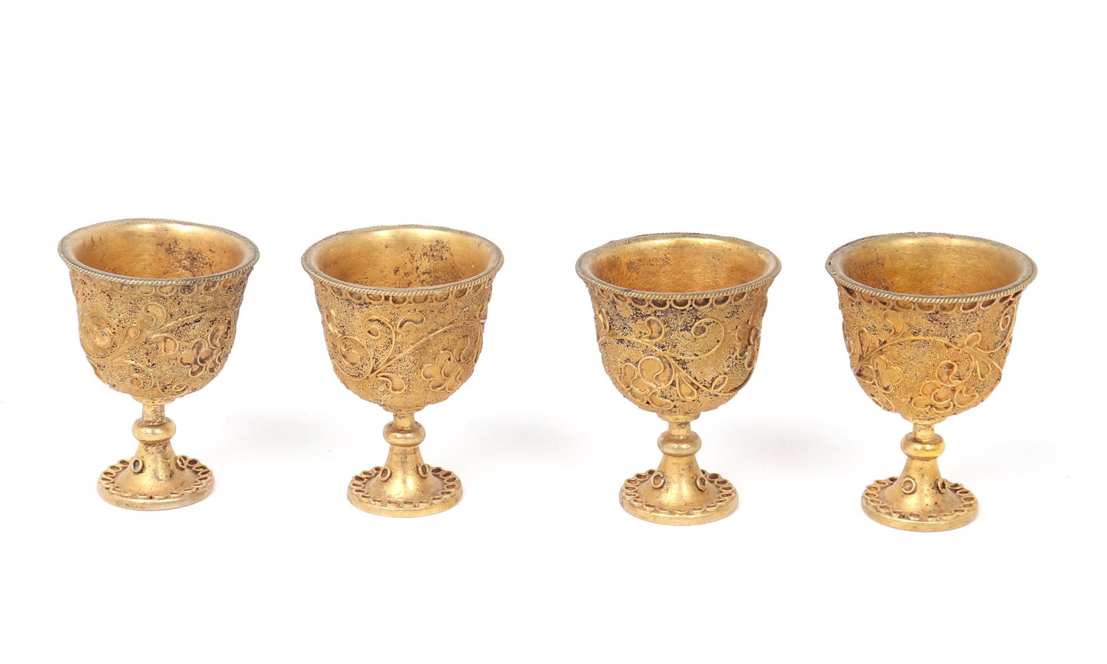 Chinese Copper Miniature Goblets, Cloisonne Ready: Group of four lovely detailed Chinese miniature goblets, likely for sipping of high quality rice wines. Each piece is perfectly detailed and ready for the application of enamel that would bring out th