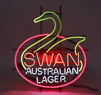 Vintage Swan Australian Lager Neon Sign: Wonderful vintage neon Australian lager sign, fully functioning with a double transformer. Vibrant bright red frame to the base with a yellow swan, and white lettering. Iron mounts ready to be hung on